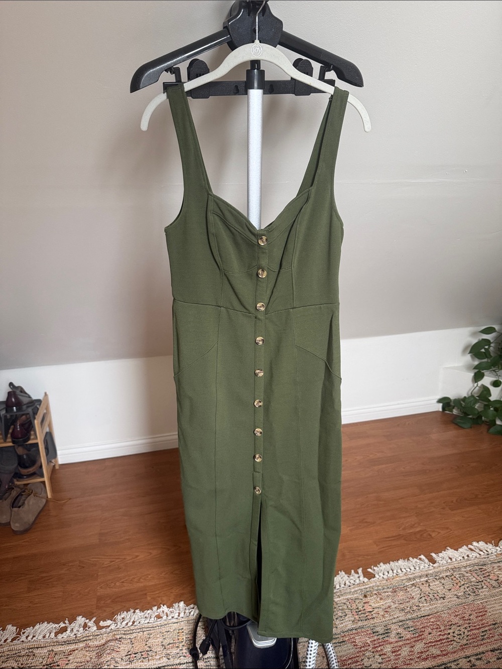 Anthropologie Olive Green Button-Front Midi Dress